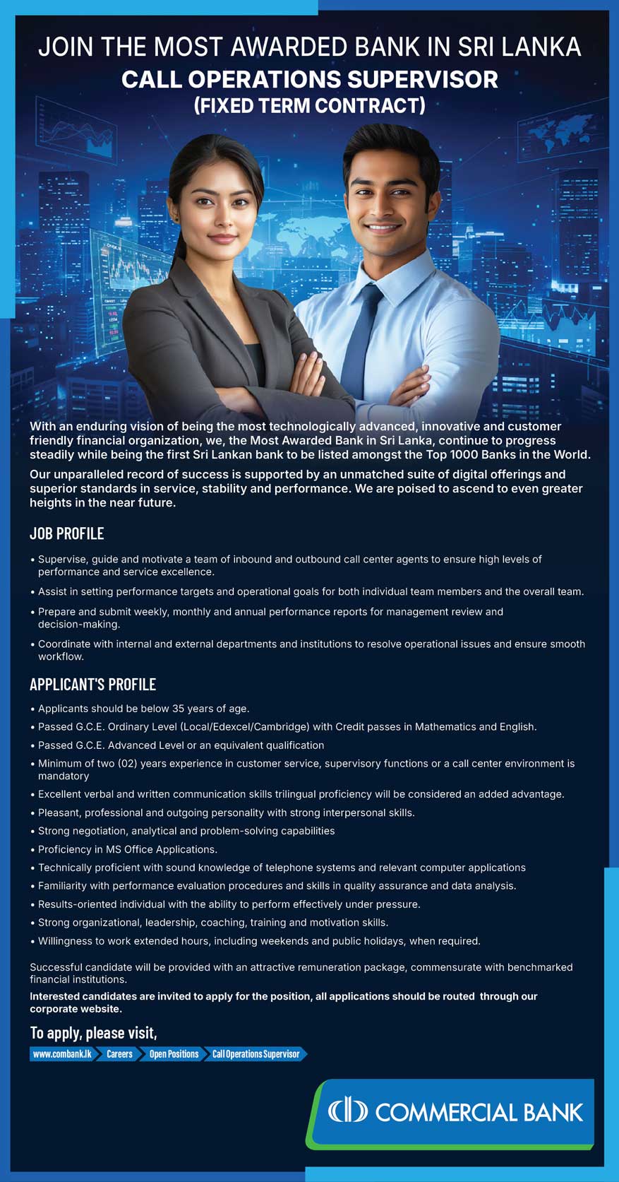 Advertisements Commercial Bank Job Vacancy 2026 - Call Operations Supervisor 1 Call Operations Supervisor