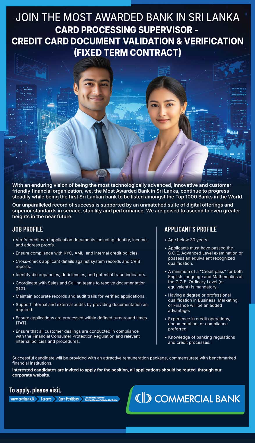 Advertisement of Commercial Bank Job Vacancy 2026 - Card Processing Supervisor 1 Card Processing Supervisor - Credit Card Document Validation