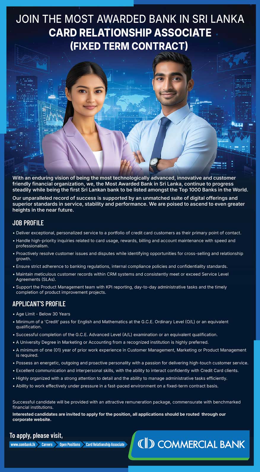 Advertisement Commercial Bank Job Vacancy 2026 - Card Relationship Associate 1 Card Relationship Associate