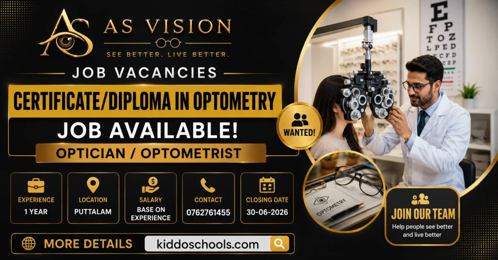 Optician Job Vacancies Puttalam 2026 at AS Vision